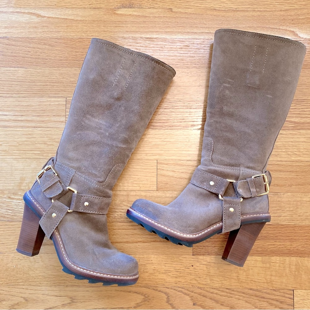 Talbots Tan Suede Tall Sallie Harness Leather Boots Size 6 Made in Brazil $349